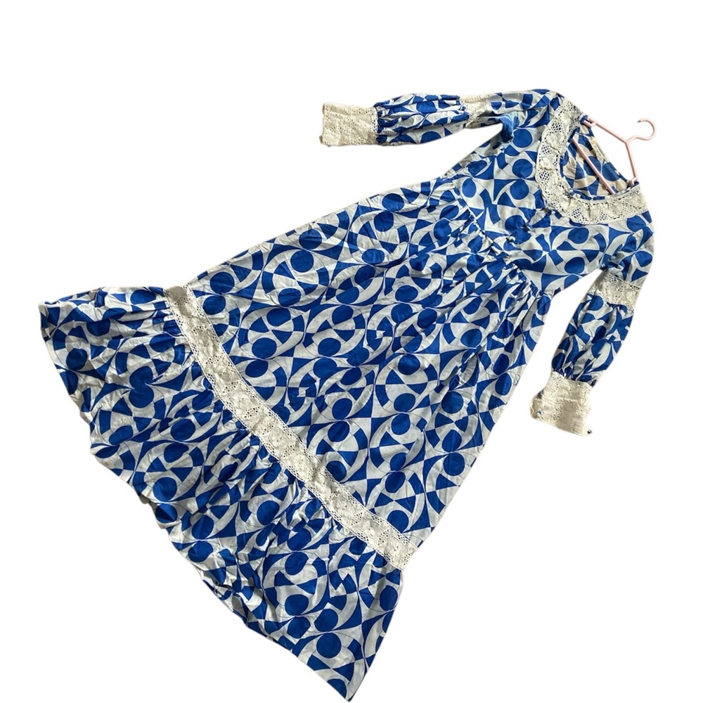 Gunne sax style folk Blue and White Patterned Dress